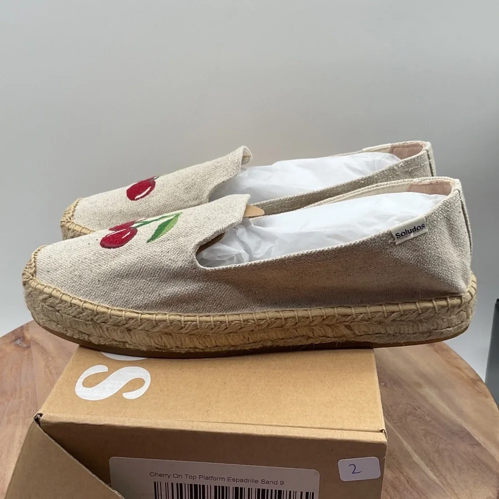 Soludos Cherry On Top Platform Espadrille Sand Linen Embroidered Shoes Womens 9
